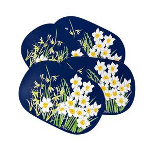 Vintage Vera Neumann Vinyl Placemats Set Of 4 Daffodil Flowers Spring 1970s Blue